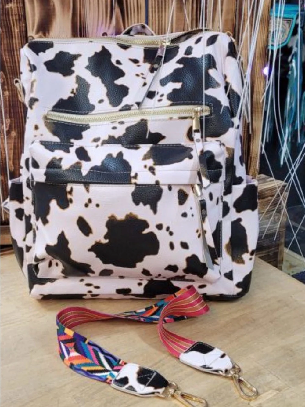 Cow Print Backpack Tote with Detachable Strap - Black and White